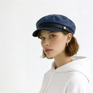 Leather Biker Newsboy Cap Hat Blue Black Military Style Handmade